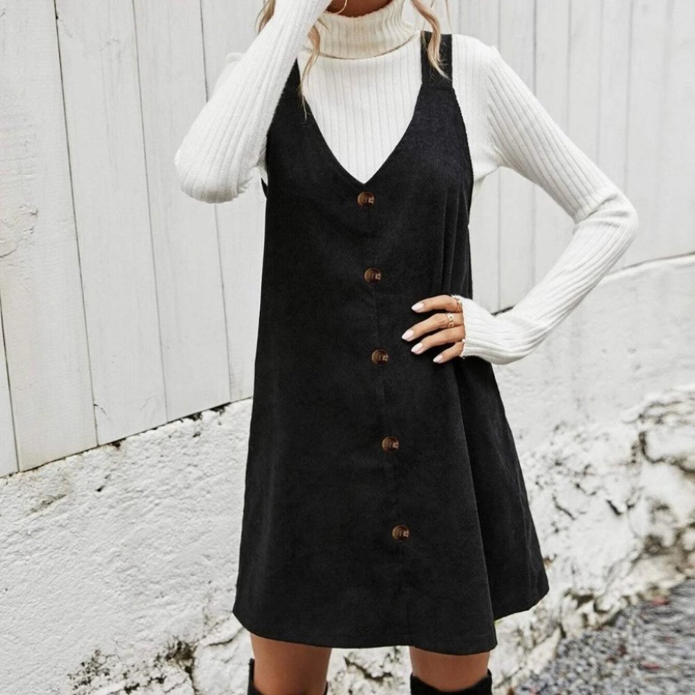 black corduroy solid button front overall dress fall winter chic casual trending - Picture 4 of 6